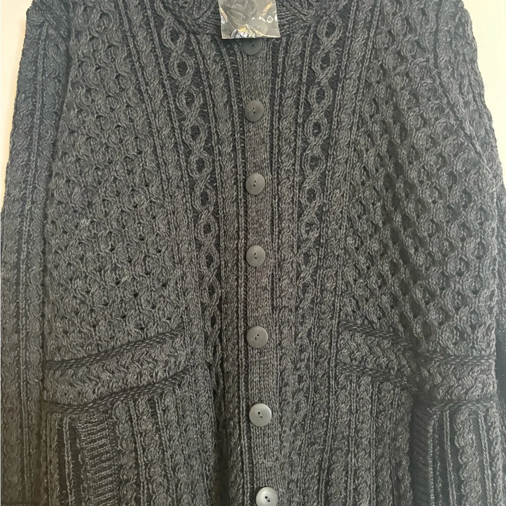 Aran Crafts Black Cable Knit Cardigan Coat - Picture 5 of 11
